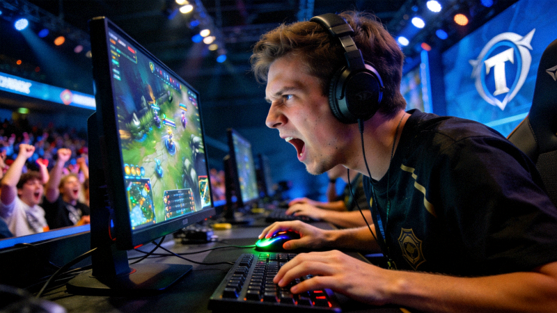 DOTA2国际邀请赛TI现场，选手激烈对战的特写镜头