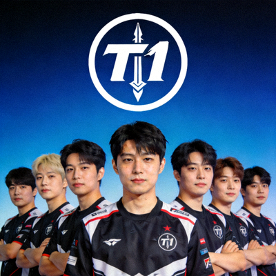 T1战队队标及选手合影，Faker位于中央